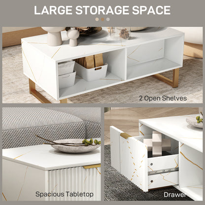 Coffee Table, Living Room Table with Drawer and Open Shelves, White