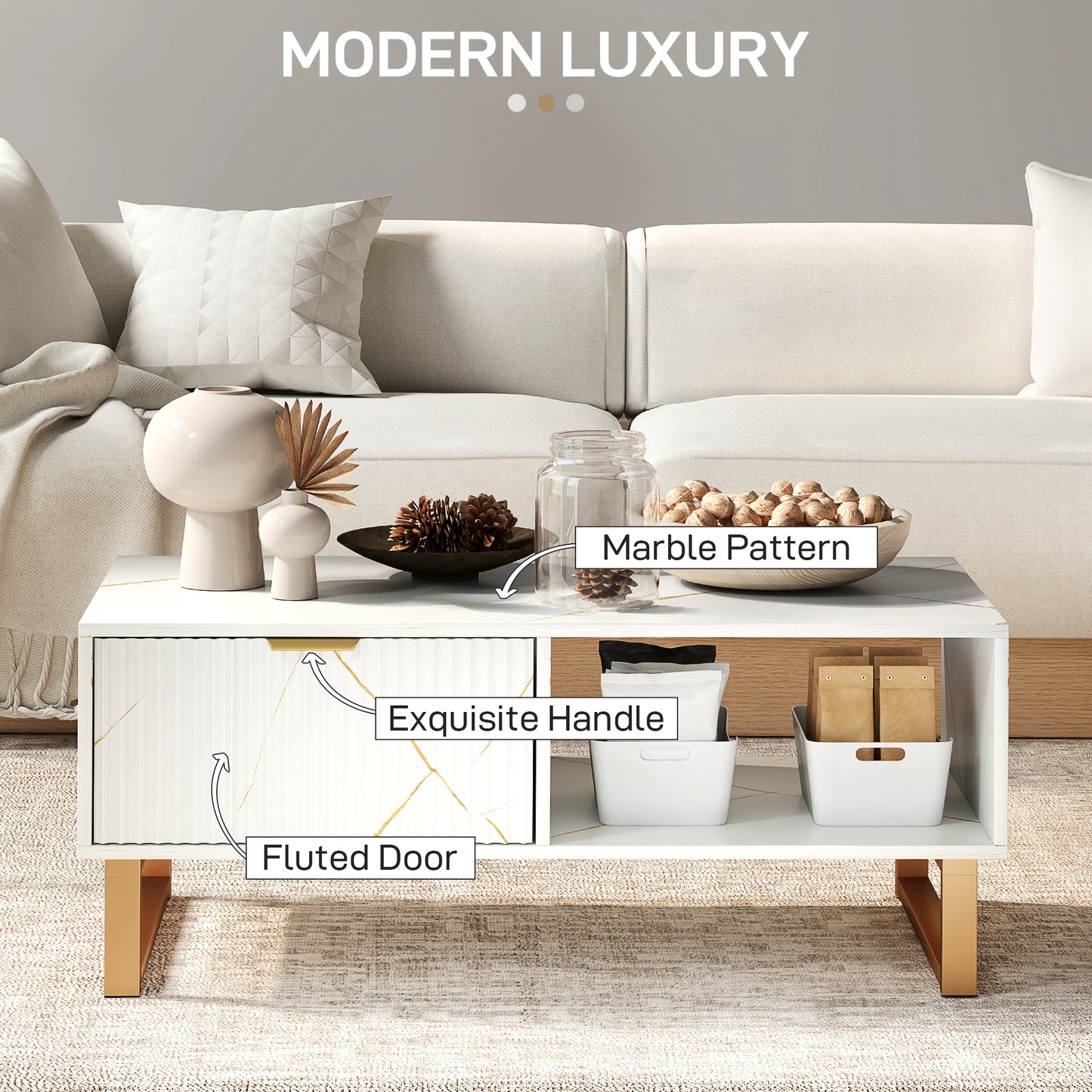 Coffee Table, Living Room Table with Drawer and Open Shelves, White