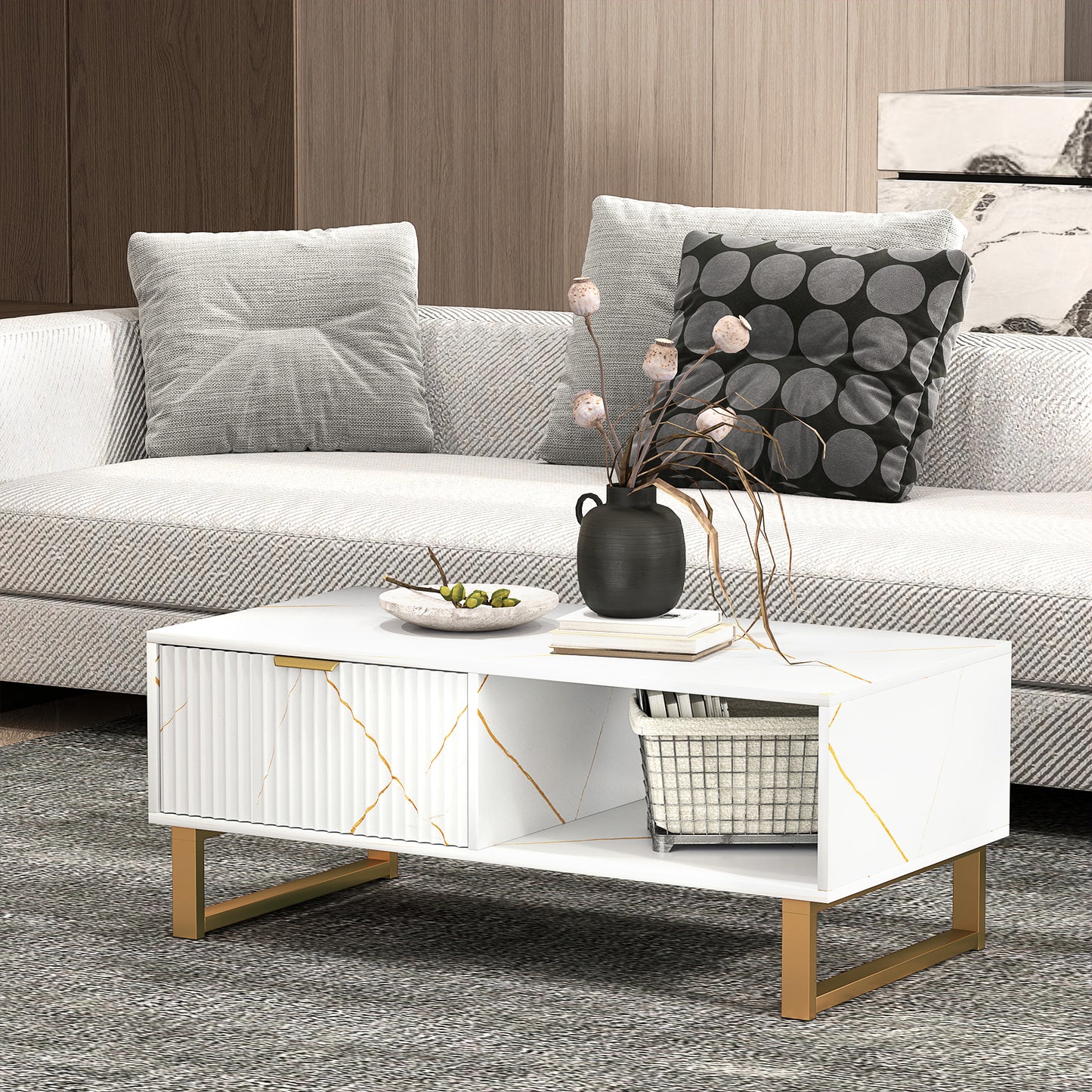 Coffee Table, Living Room Table with Drawer and Open Shelves, White