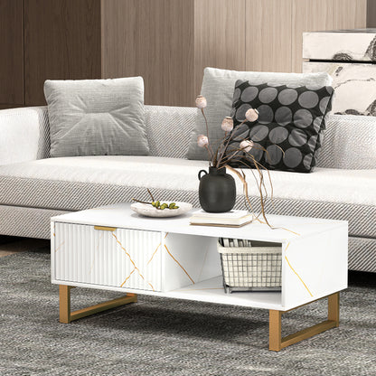 Coffee Table, Living Room Table with Drawer and Open Shelves, White