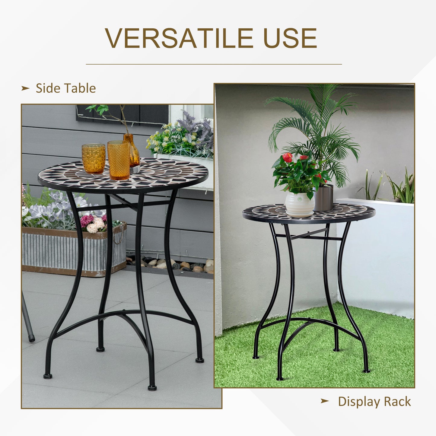 60cm Mosaic Round Bistro Table Outdoor Garden Side Table, Black