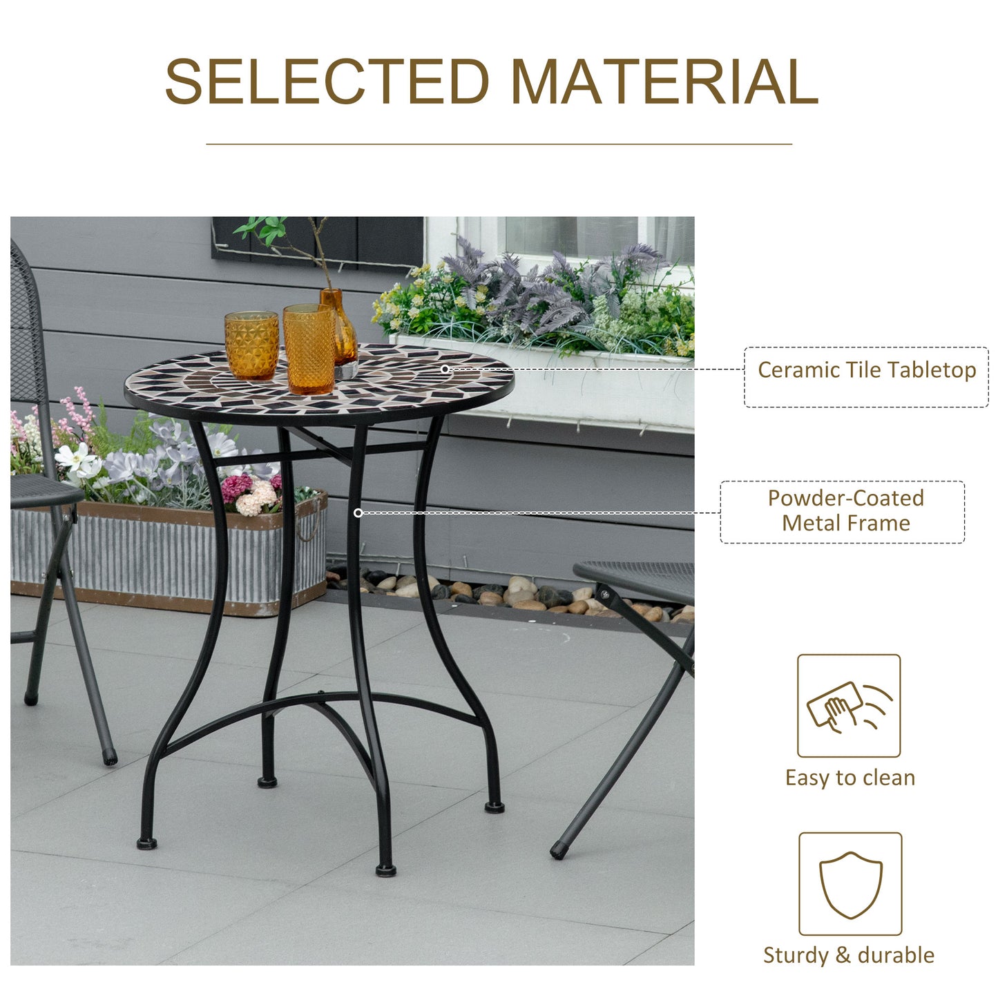 60cm Mosaic Round Bistro Table Outdoor Garden Side Table, Black