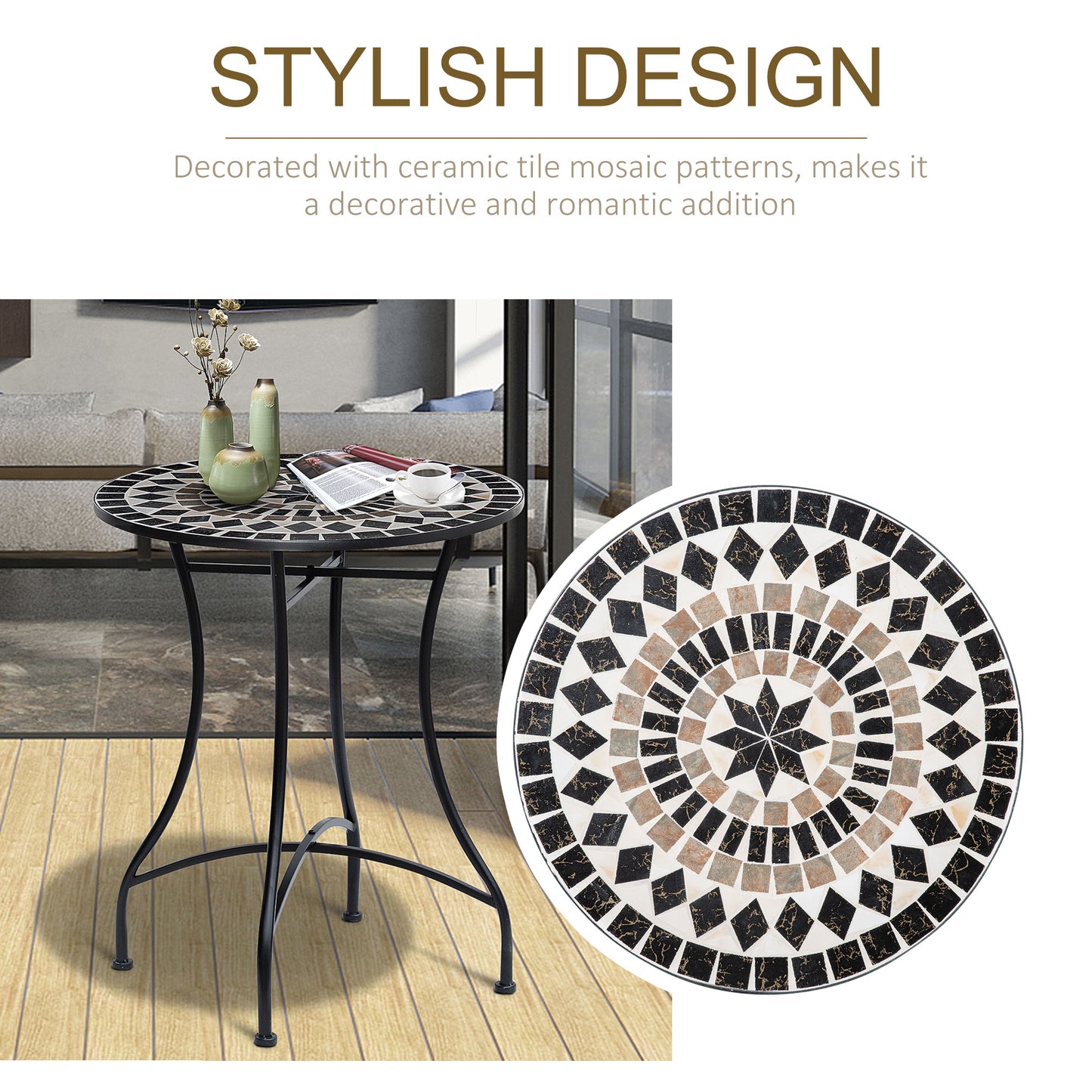60cm Mosaic Round Bistro Table Outdoor Garden Side Table, Black
