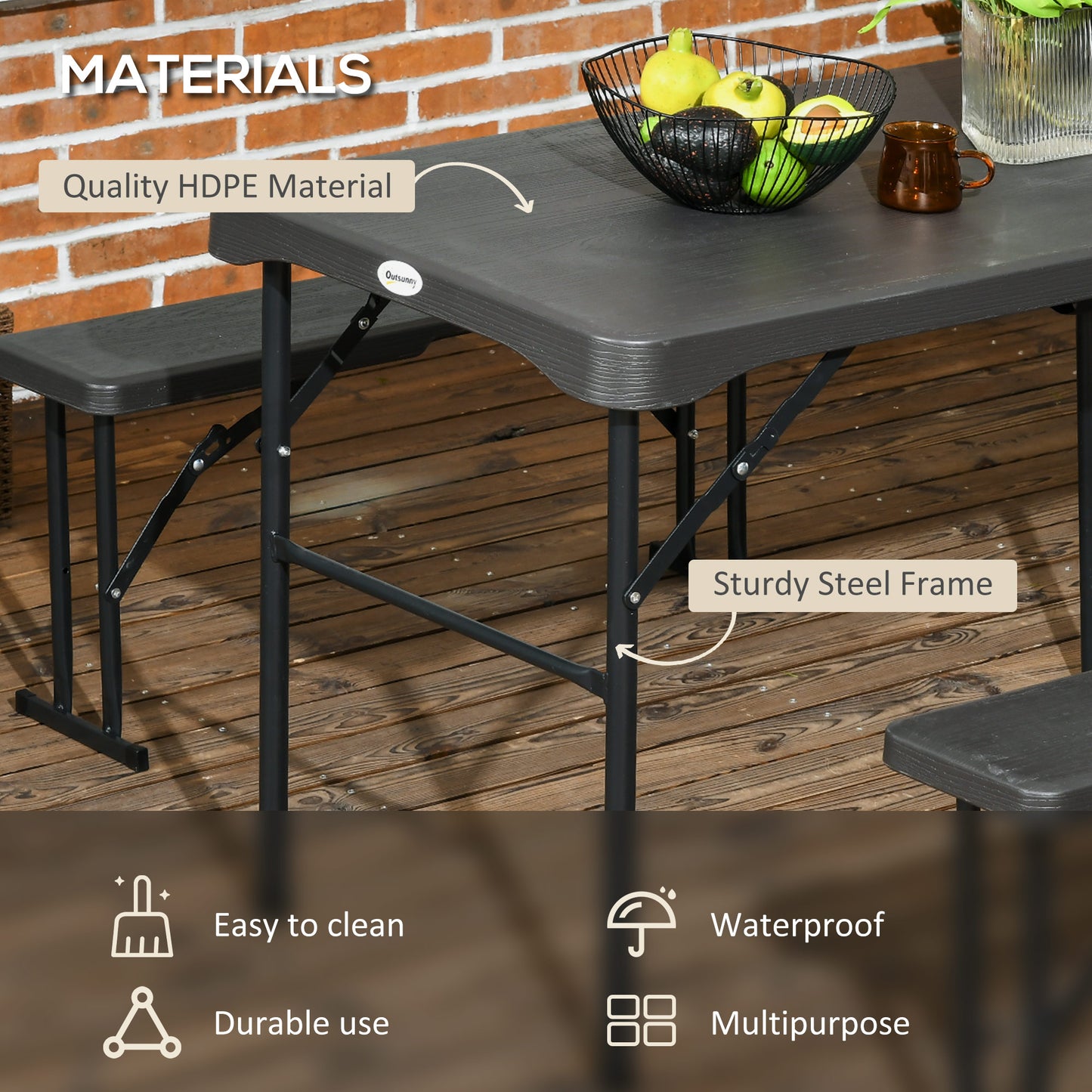 HDPE Picnic Table Set w/ Beer Table & 2 Benches for 6, Dark Grey