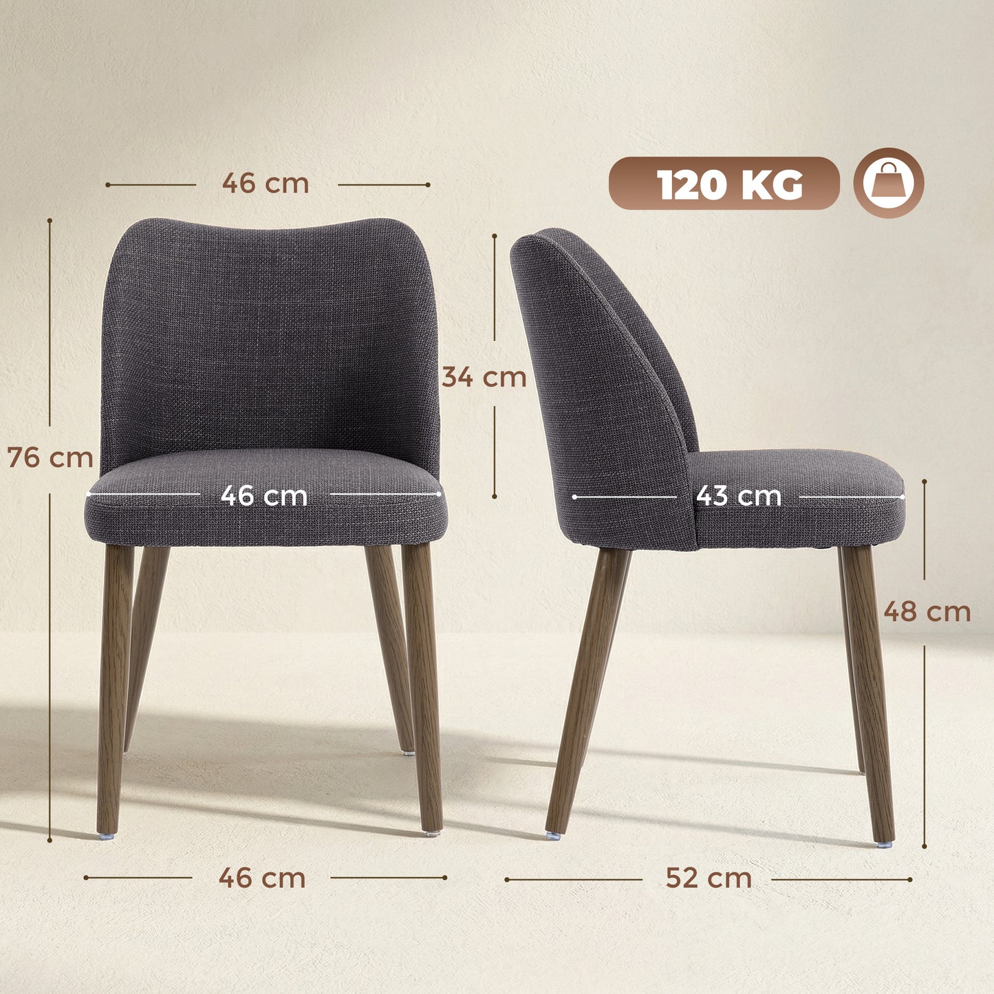 Dining Chairs Set of 2, Kitchen Chairs with Padded Seat, Curved Back