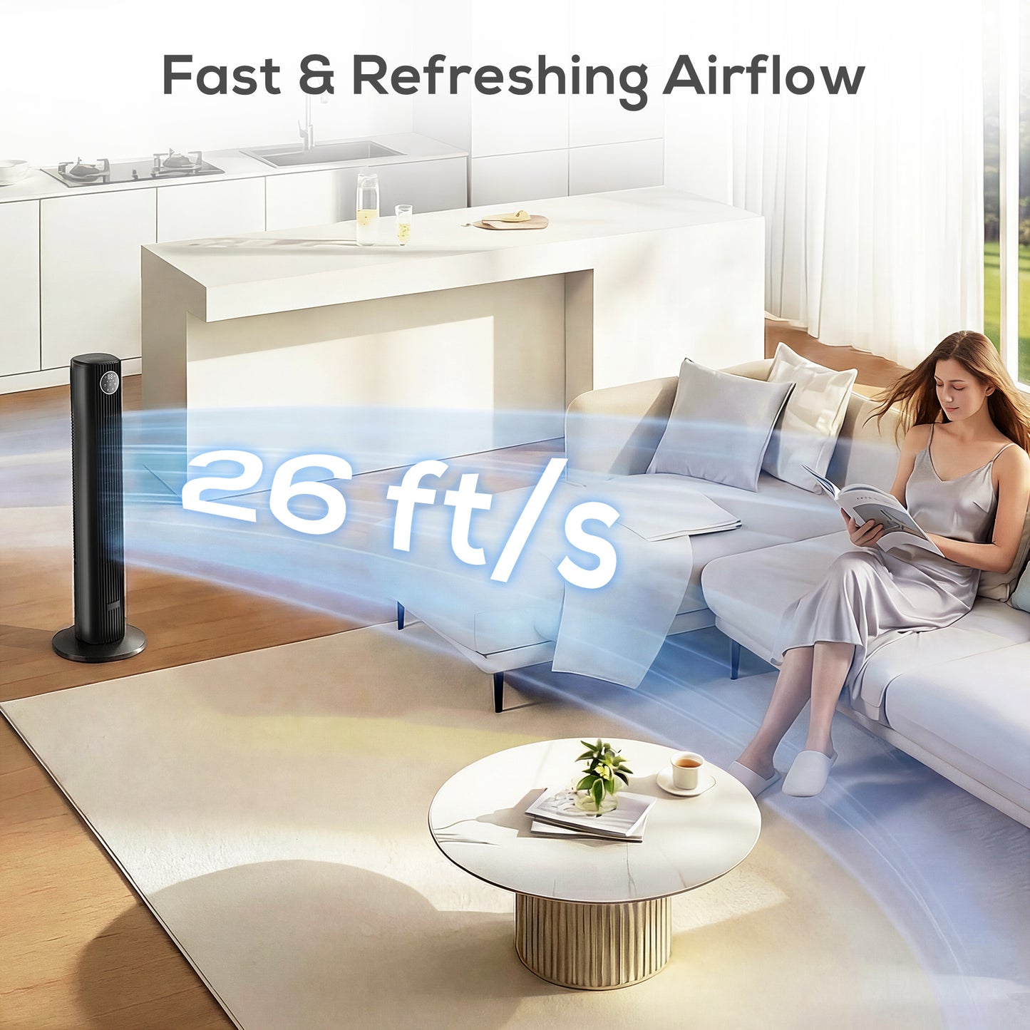 28dB Tower Fan for Bedroom, 26 ft/s Velocity Standing Fan, Black