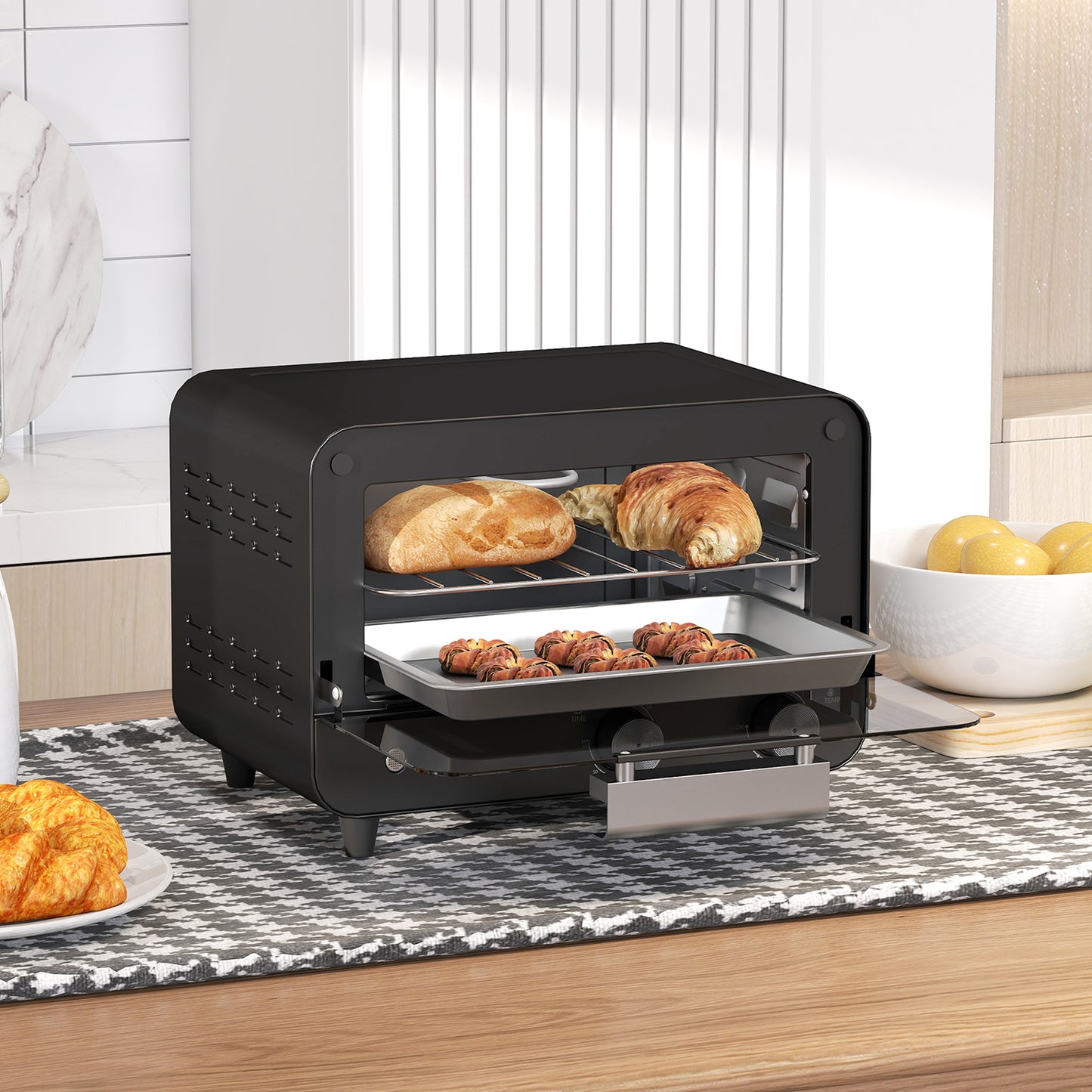 Small Toaster Oven, 12L Mini Countertop Oven with Glass Door, Black