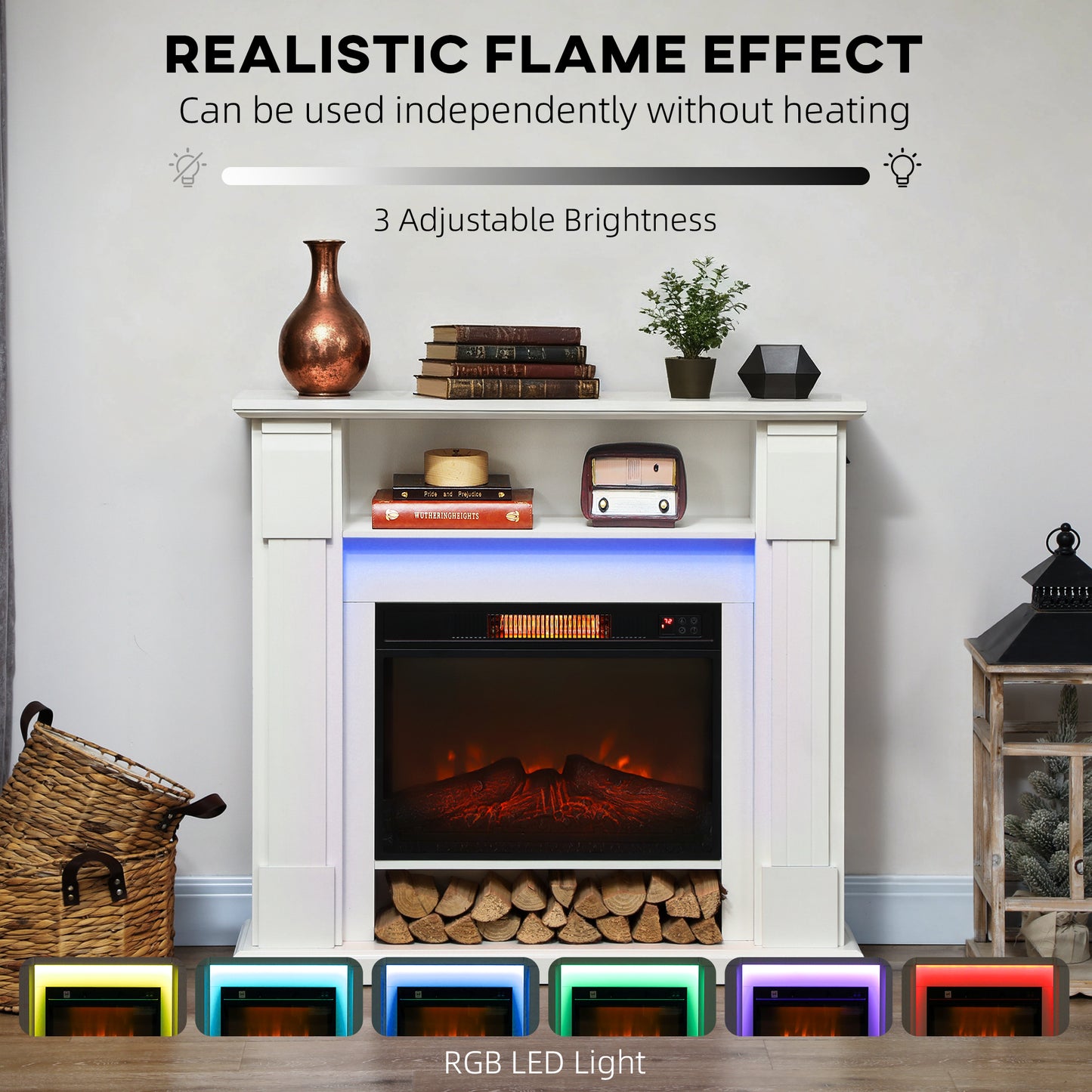 1800W Inset Electric Fireplace with RGB LED Lights, White