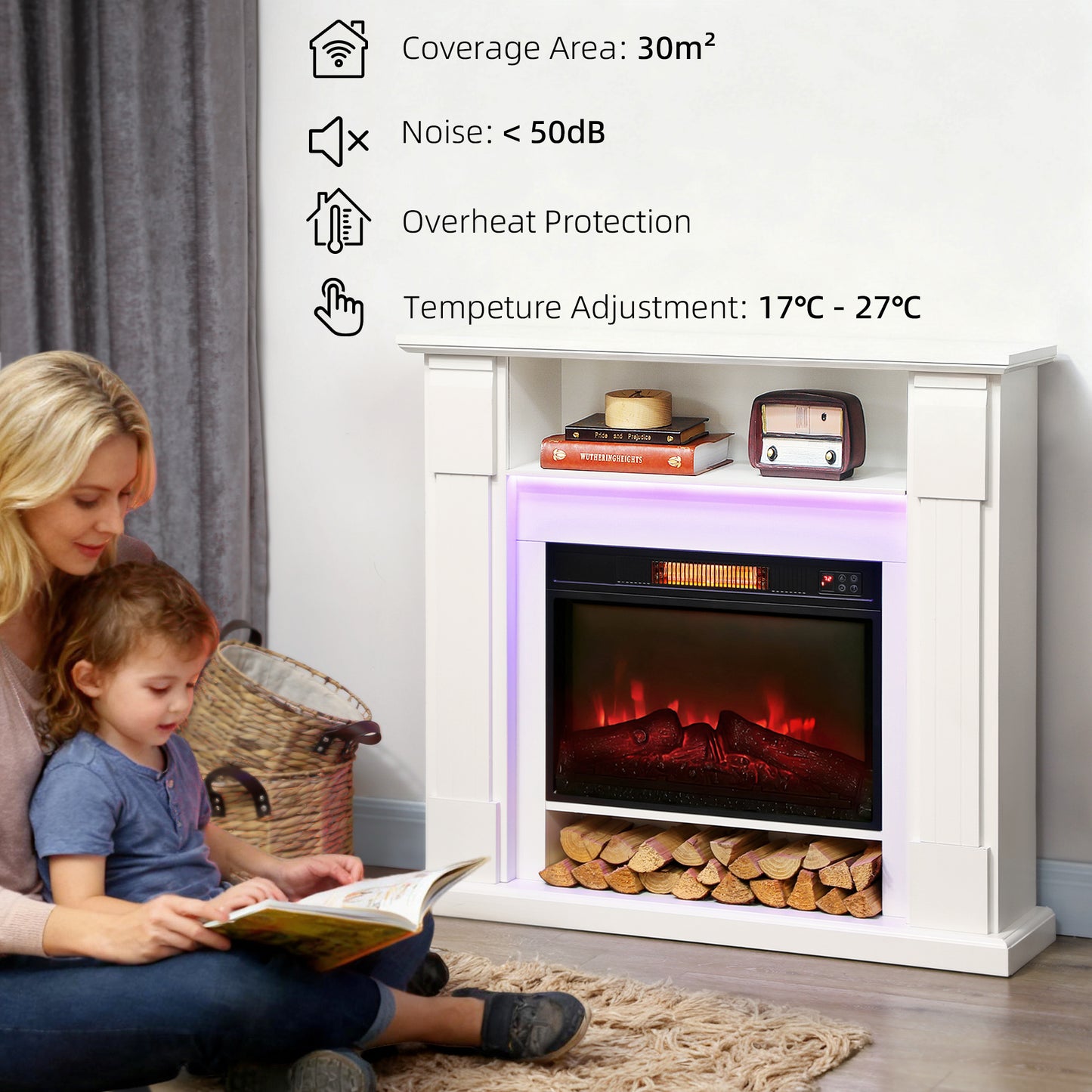 1800W Inset Electric Fireplace with RGB LED Lights, White