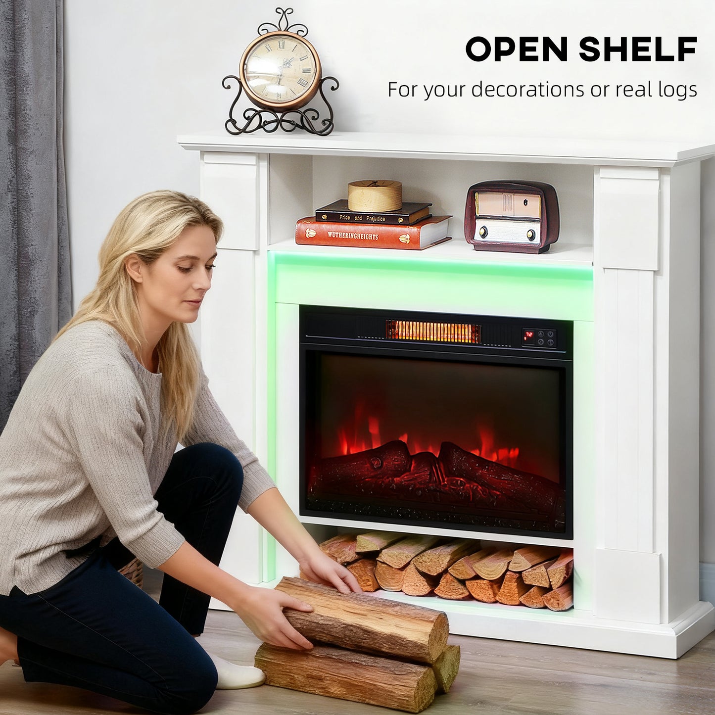 1800W Inset Electric Fireplace with RGB LED Lights, White