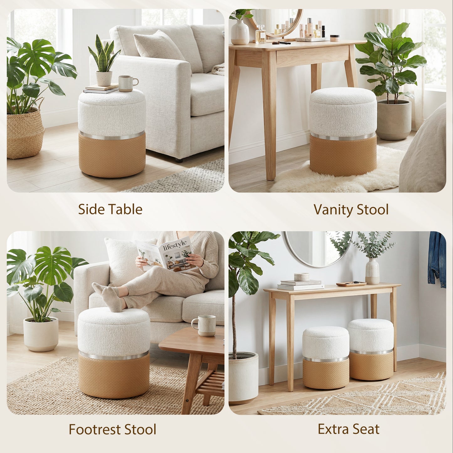 Round Storage Ottoman Set of 2, Nesting Footrest Stool, Cream & Brown