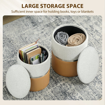 Round Storage Ottoman Set of 2, Nesting Footrest Stool, Cream & Brown