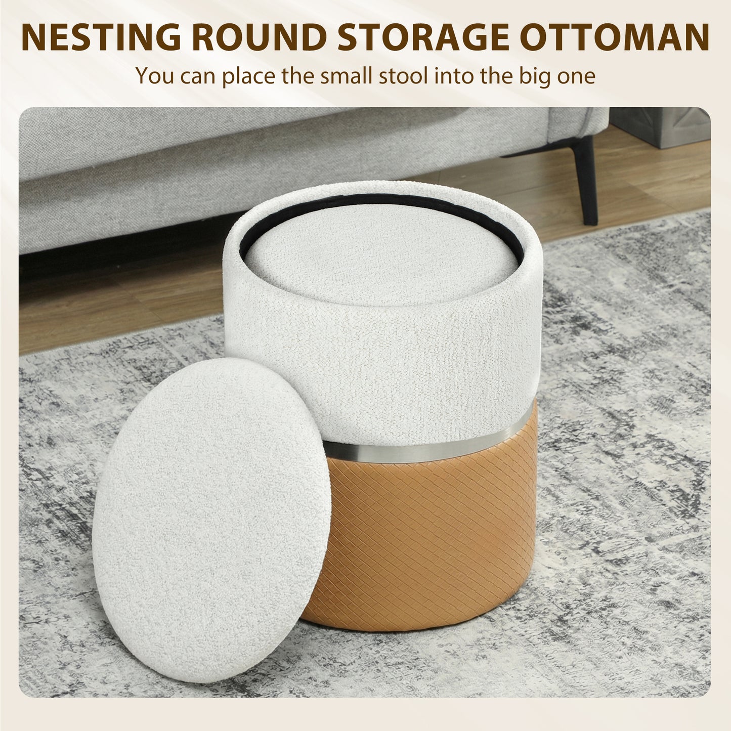 Round Storage Ottoman Set of 2, Nesting Footrest Stool, Cream & Brown