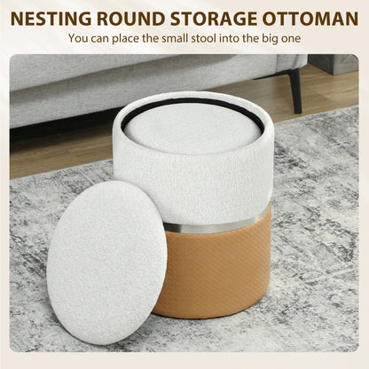 Round Storage Ottoman Set of 2, Nesting Footrest Stool, Cream & Brown