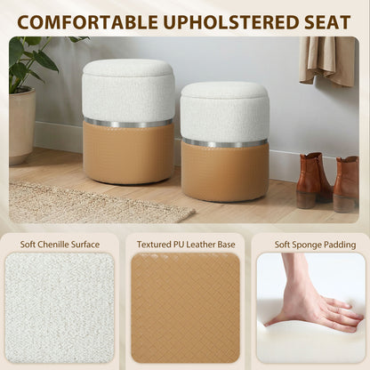 Round Storage Ottoman Set of 2, Nesting Footrest Stool, Cream & Brown
