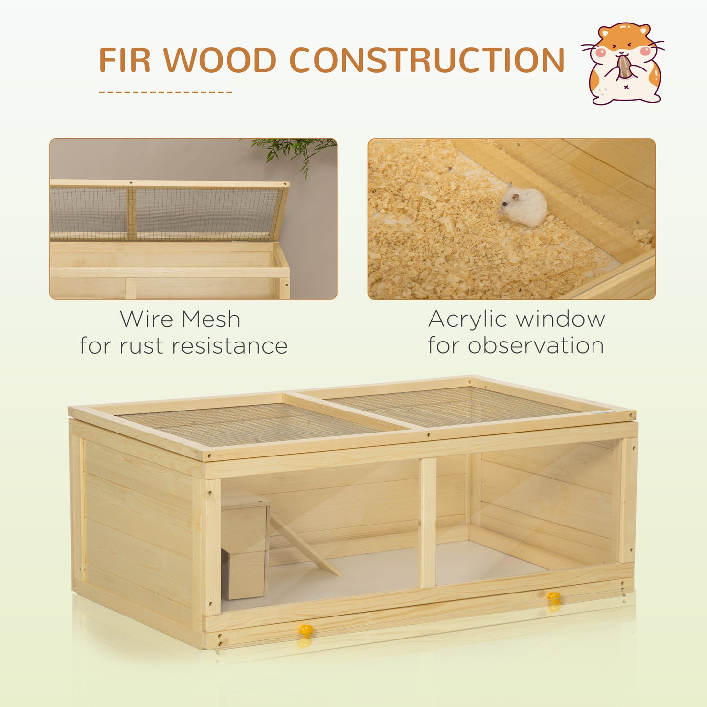 Wooden Hamster Cage w/ Sliding Tray, Openable Top, Hut, Natural Wood