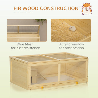 Wooden Hamster Cage w/ Sliding Tray, Openable Top, Hut, Natural Wood