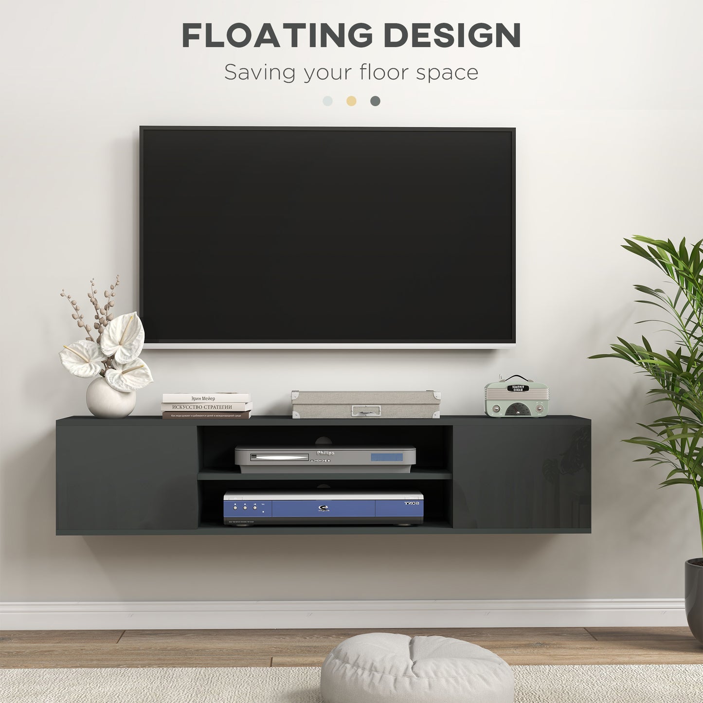 Floating TV Unit for 60" TVs W/ Shelves and Cabinets, Grey