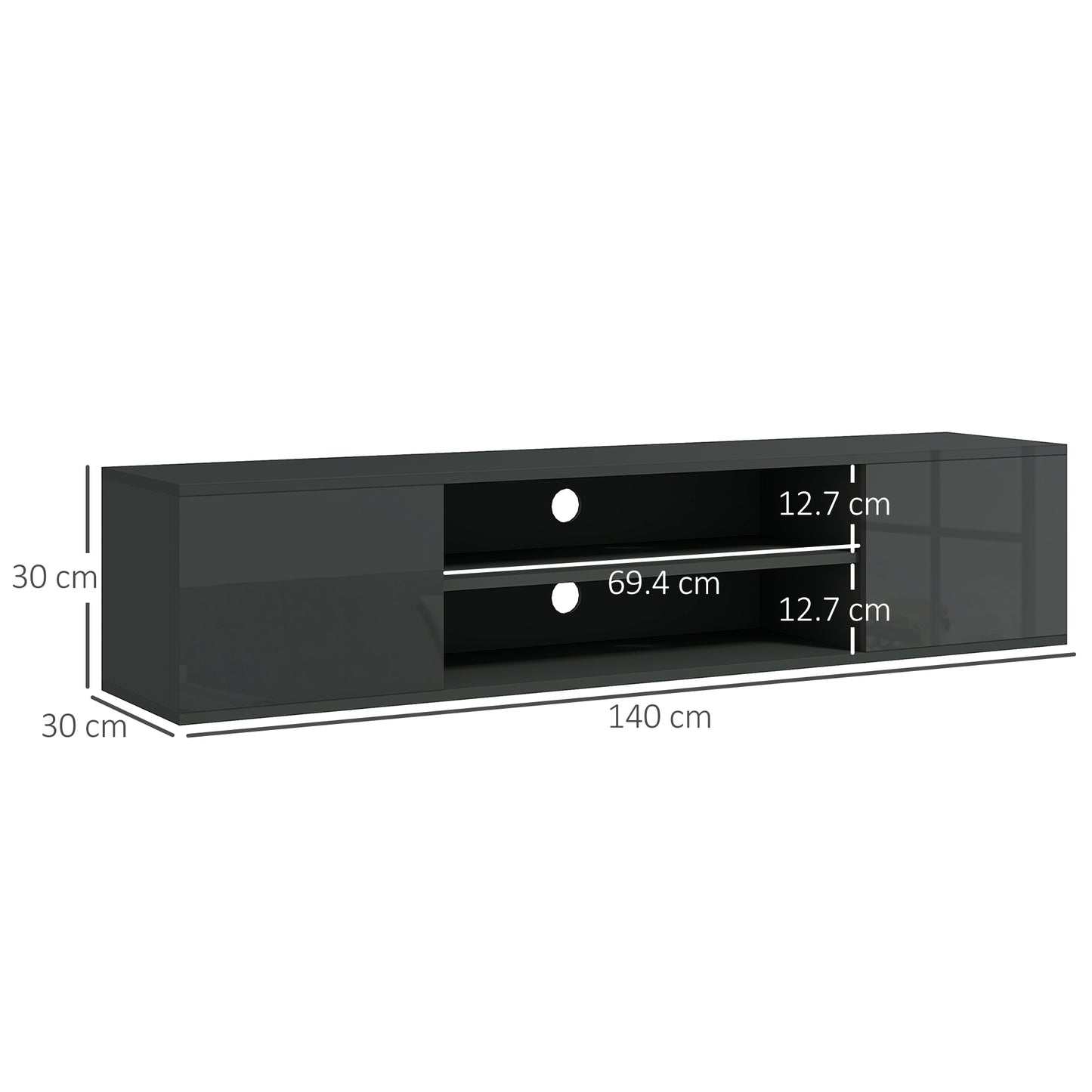 Floating TV Unit for 60" TVs W/ Shelves and Cabinets, Grey