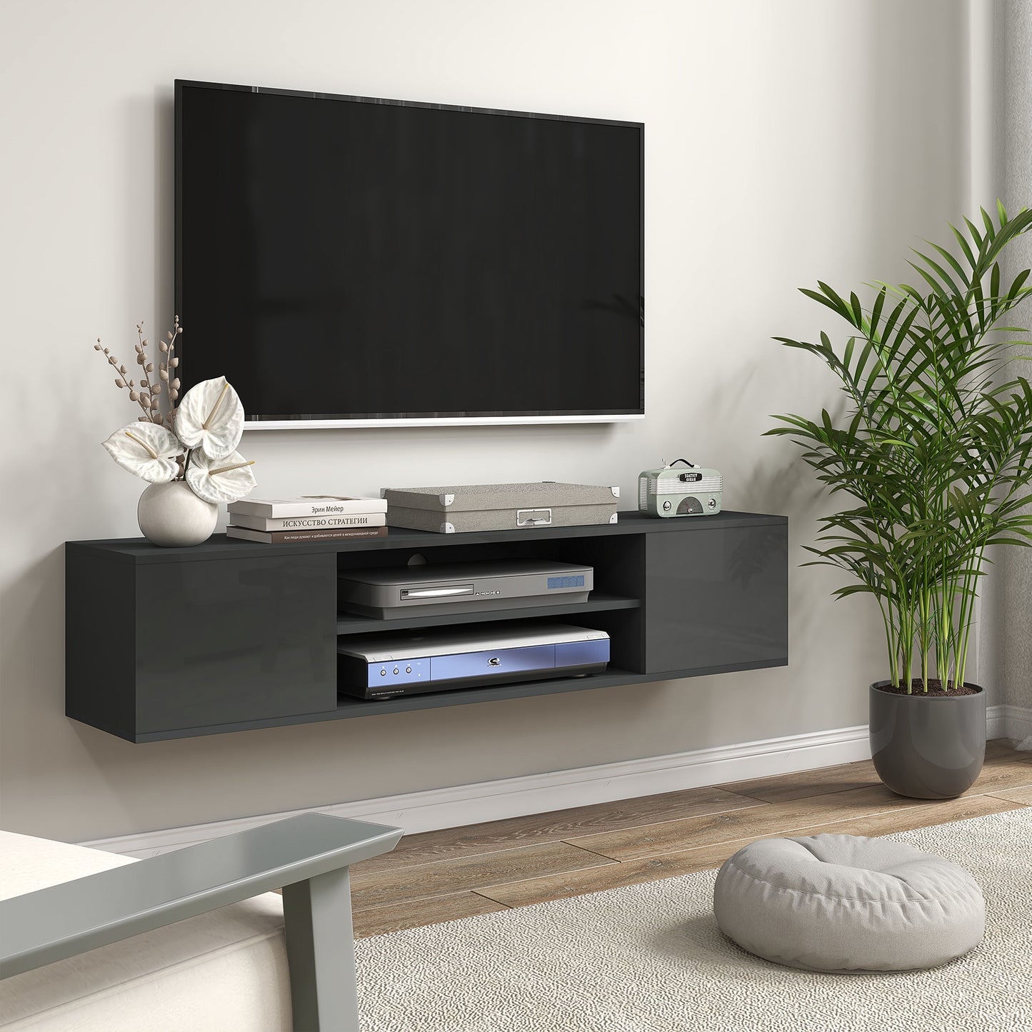 Floating TV Unit for 60" TVs W/ Shelves and Cabinets, Grey