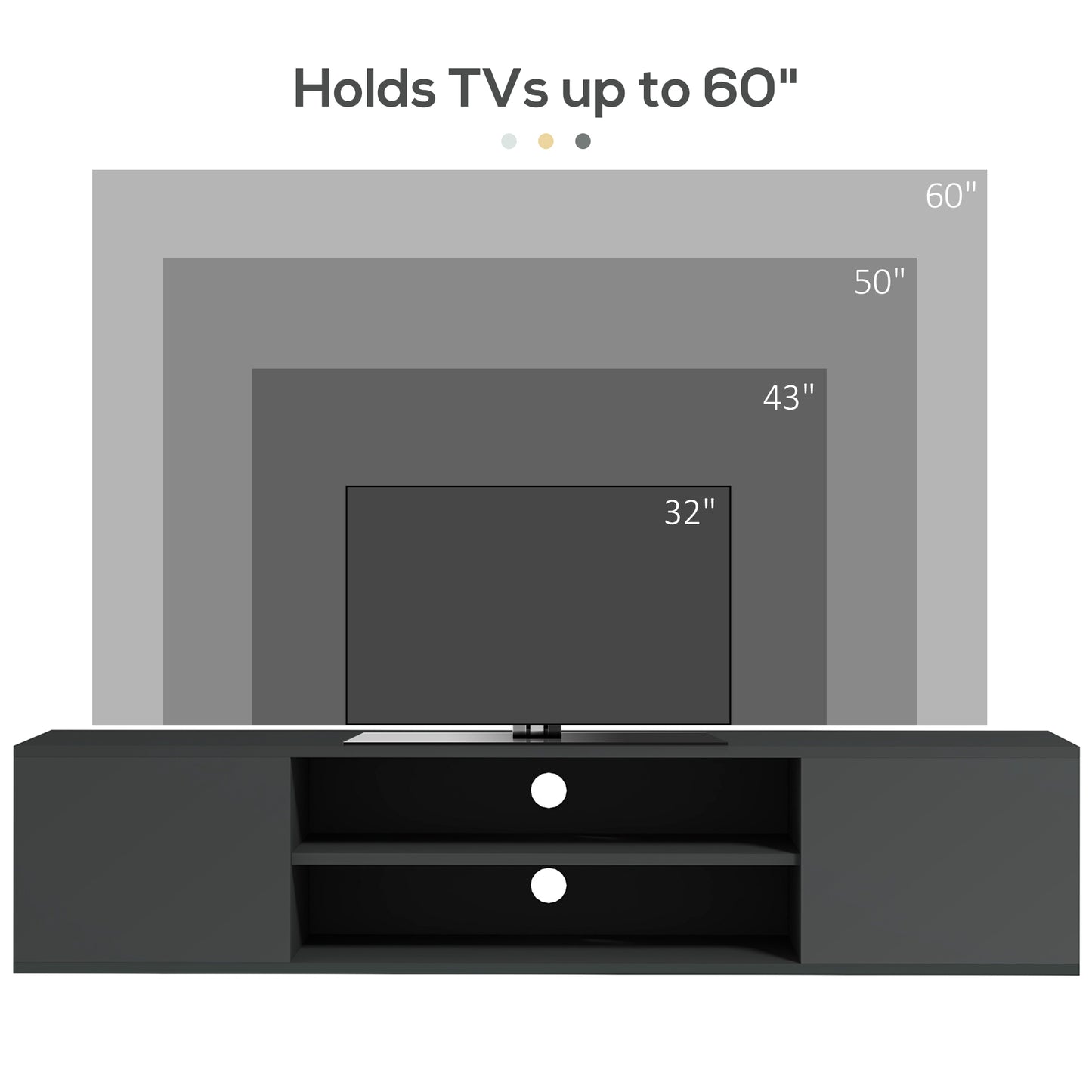 Floating TV Unit for 60" TVs W/ Shelves and Cabinets, Grey