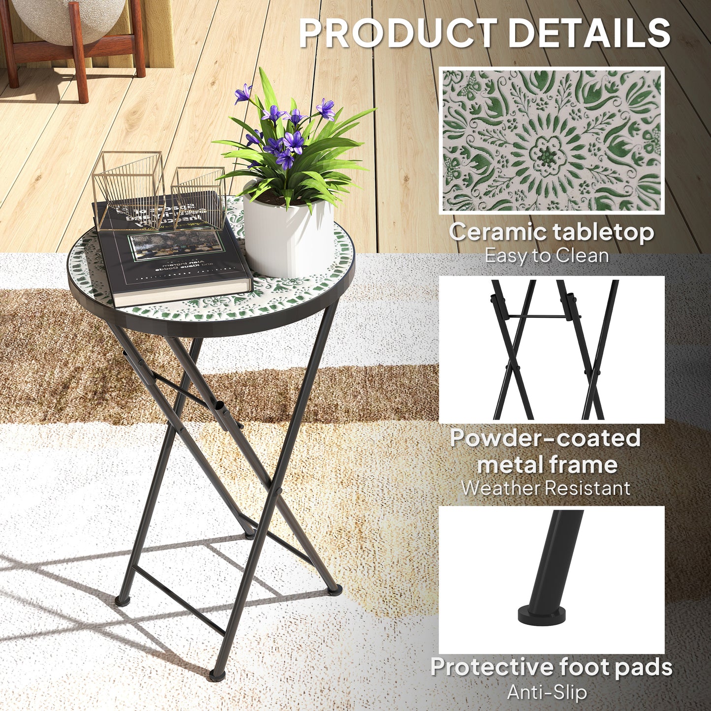 Mosaic Garden Table, 35.5cm Folding Coffee Table, Green