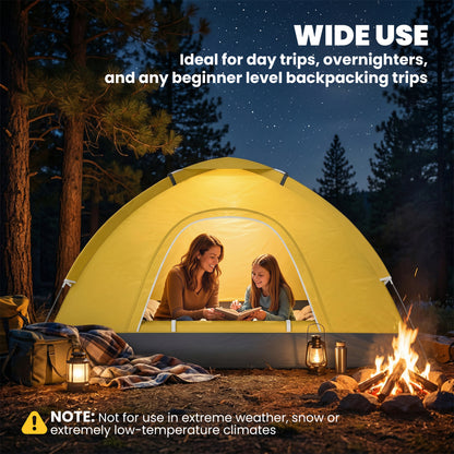 2 Person Camping Tent, Dome Tent with Storage Pocket, Yellow