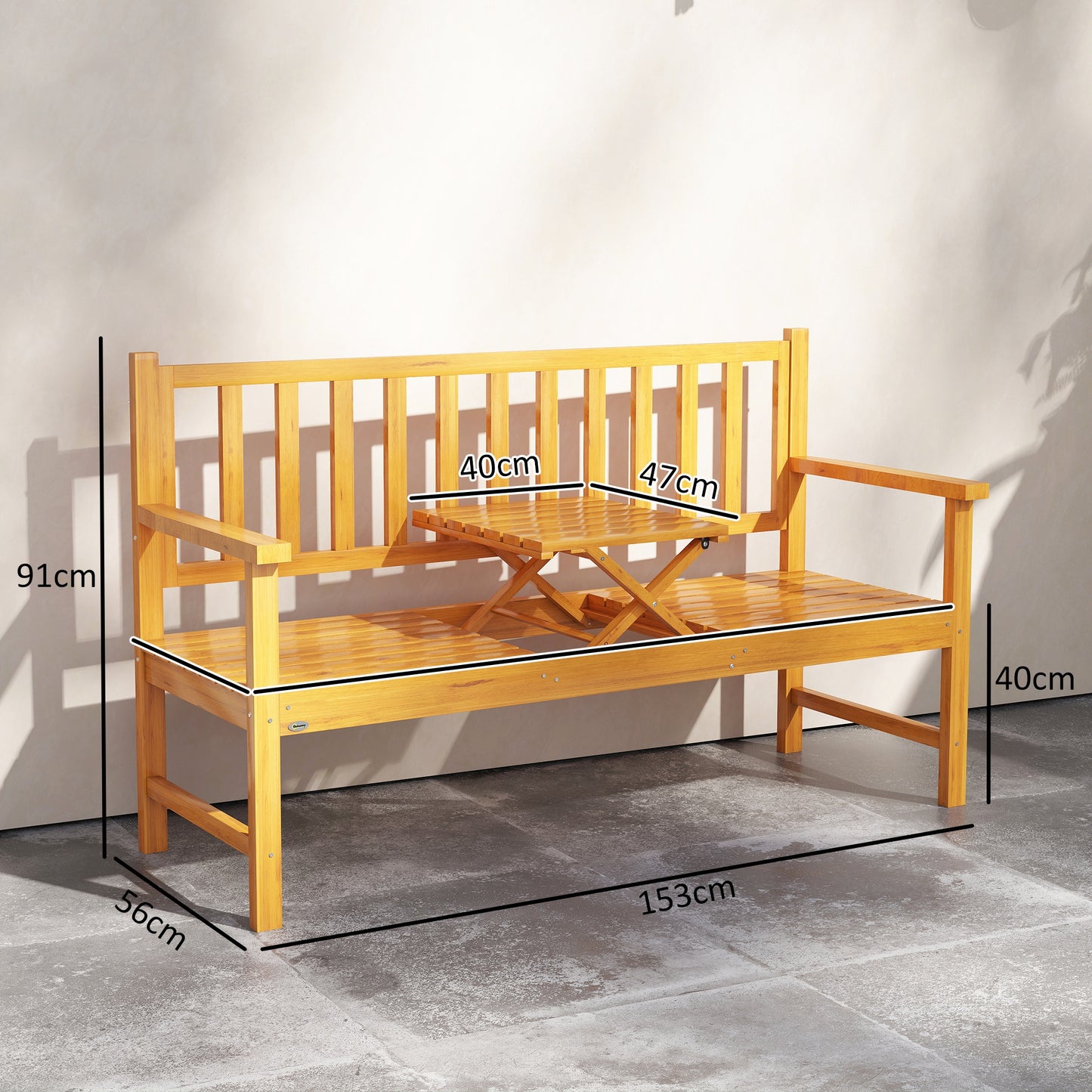 Outdoor Bench with Liftable Middle Table, 153cm Wood Garden Bench