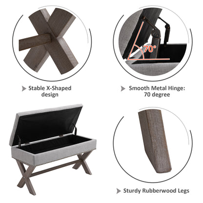 91cm Elegant Storage Stool Bentwood Frame Sponge Top w/ Studding Grey
