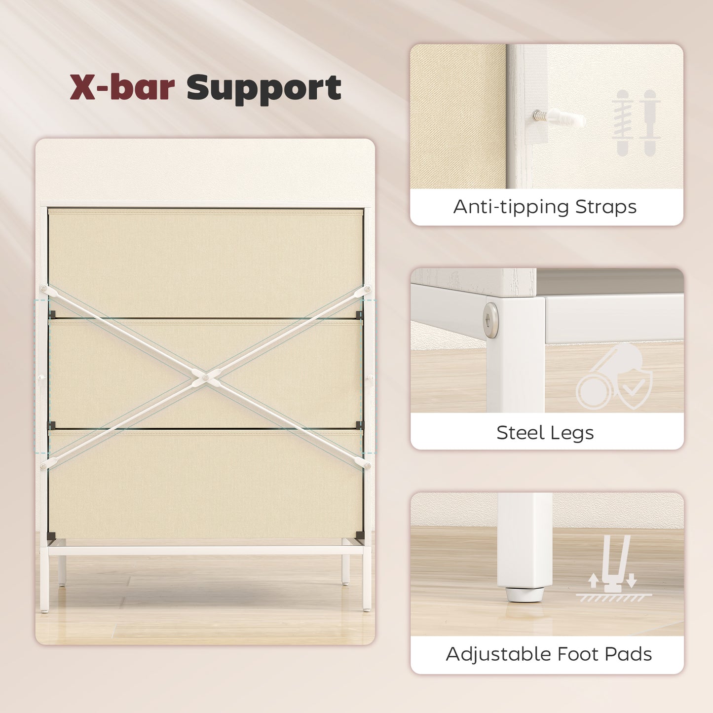 Chest of Drawers, 3 Fabric Drawer Dresser, Aluminium Handles, White