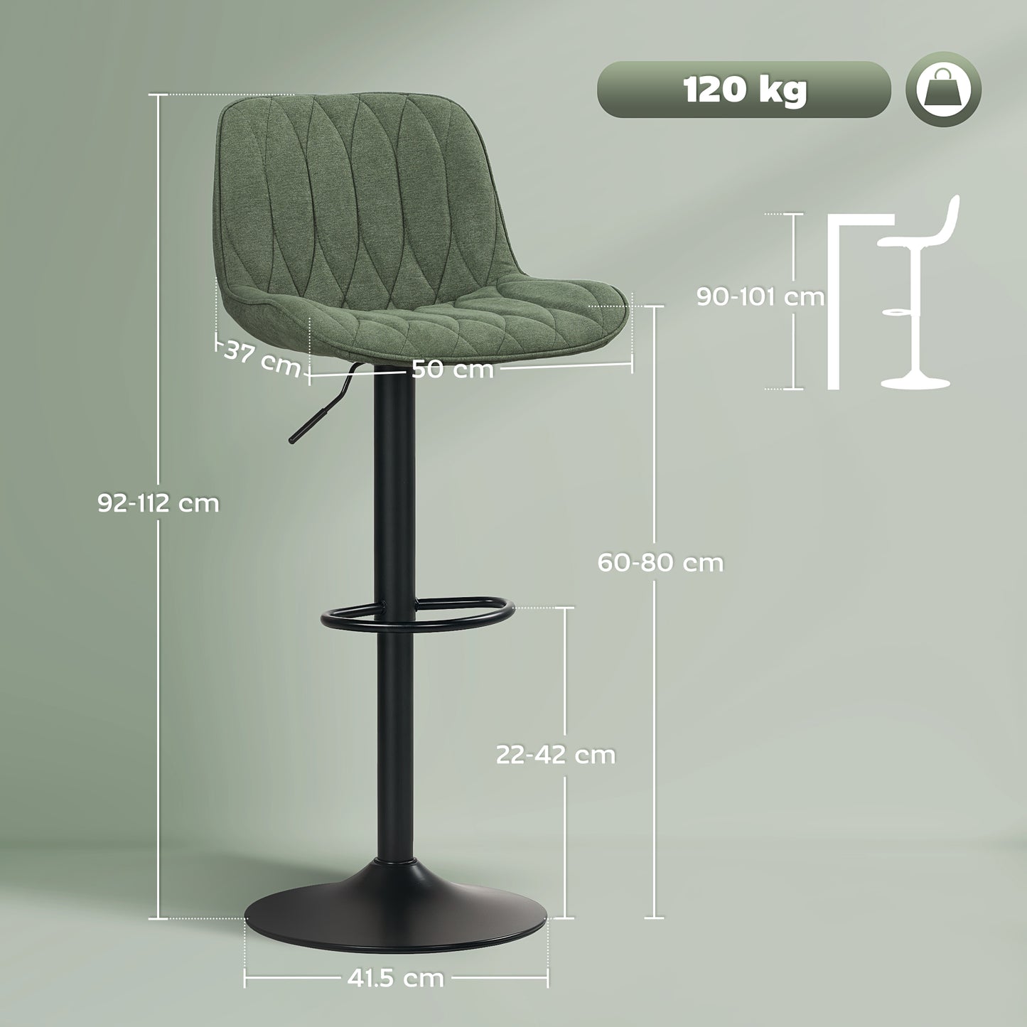 Bar Stools Set of 2, Modern Armless Bar Chairs, Green