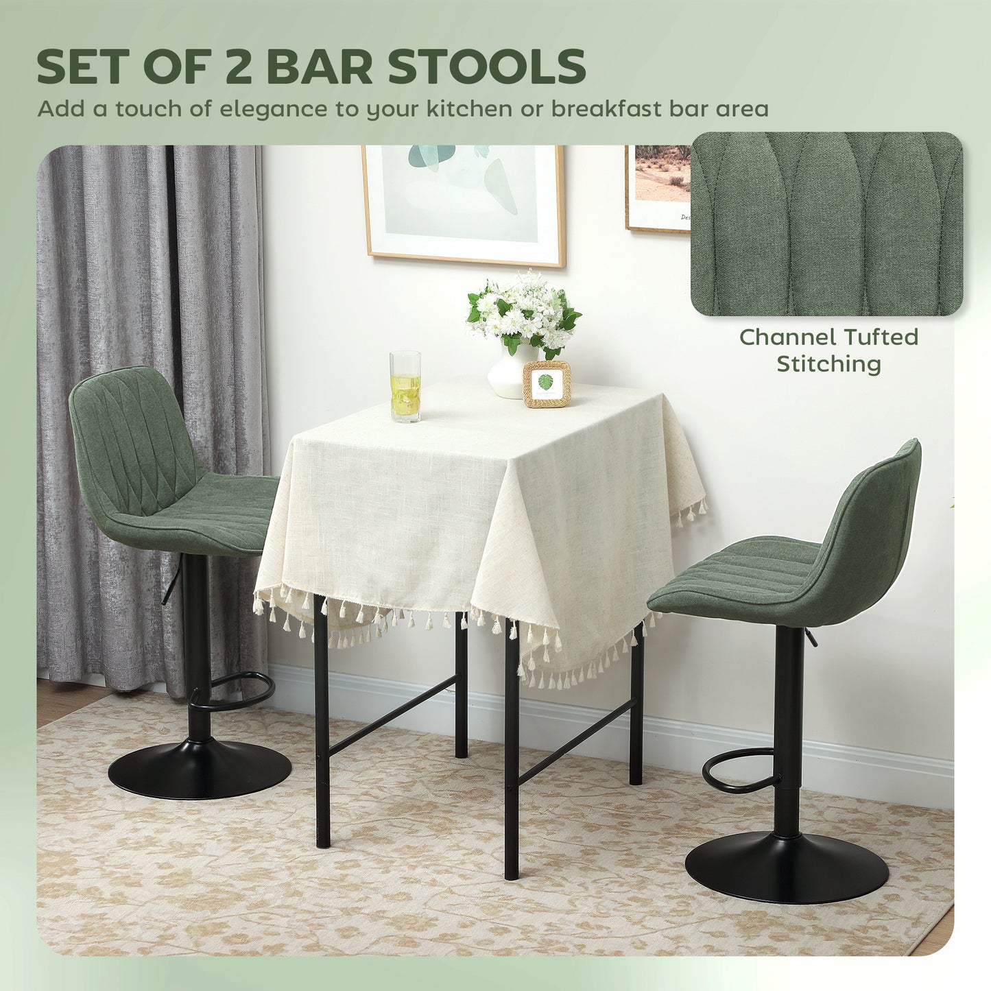 Bar Stools Set of 2, Modern Armless Bar Chairs, Green