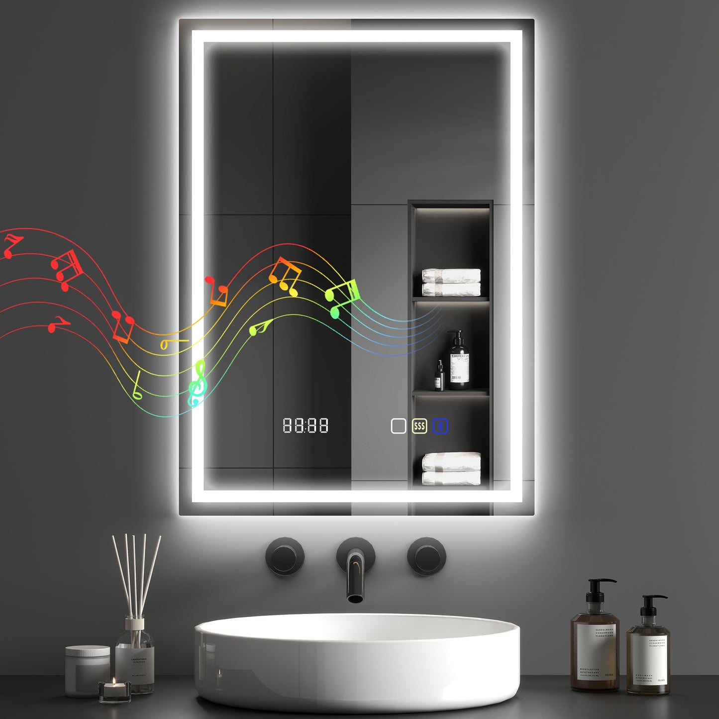 500 x 700 mm Bathroom Mirror with Bluetooth Clock Lights Demister Pad