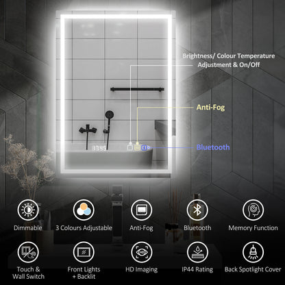 500 x 700 mm Bathroom Mirror with Bluetooth Clock Lights Demister Pad