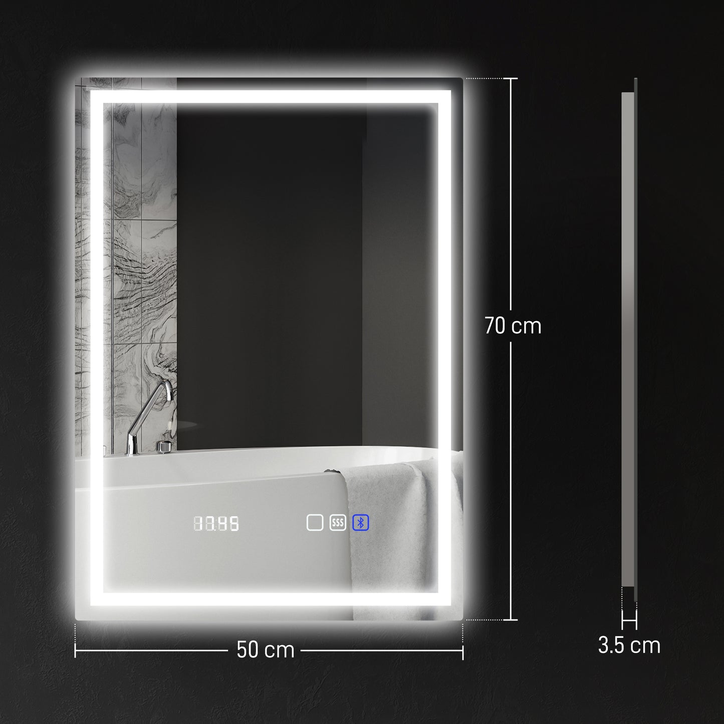 500 x 700 mm Bathroom Mirror with Bluetooth Clock Lights Demister Pad