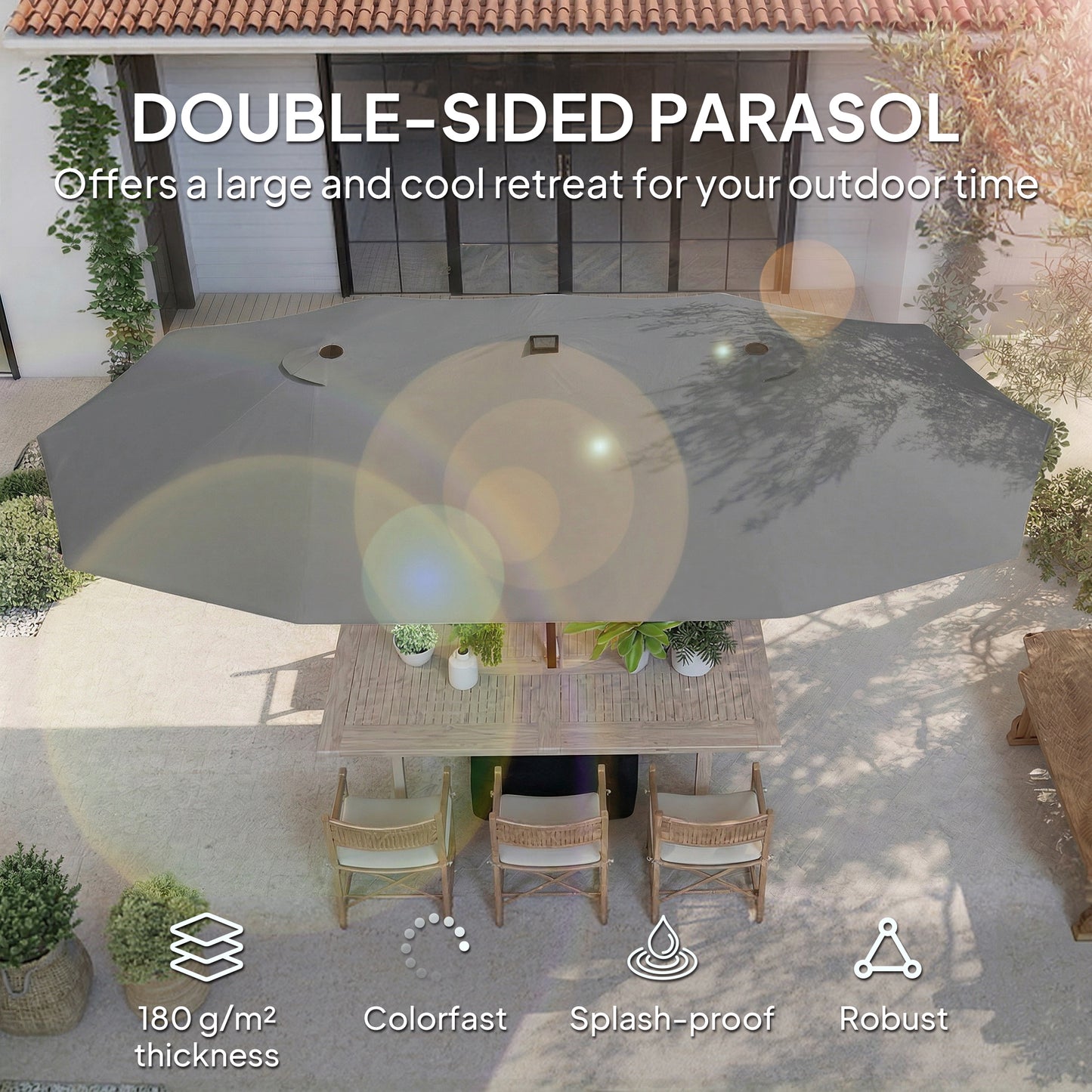 Double Sided Garden Parasol w/ 60 Solar LED Lights 4.5m, Grey
