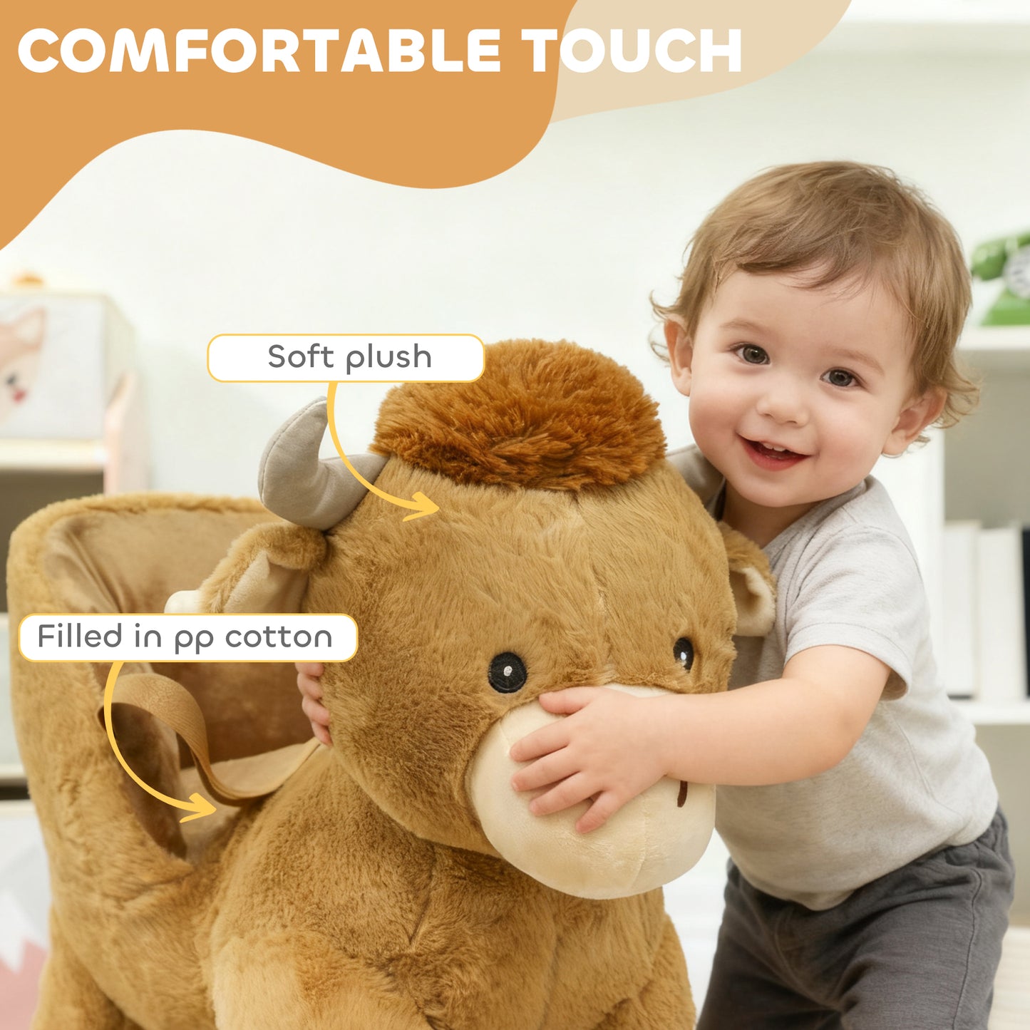 Baby Rocking Horse with Song, Safety Belt, Wood Base for 1-3 Years