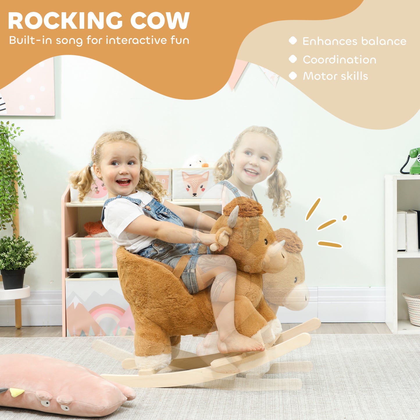 Baby Rocking Horse with Song, Safety Belt, Wood Base for 1-3 Years