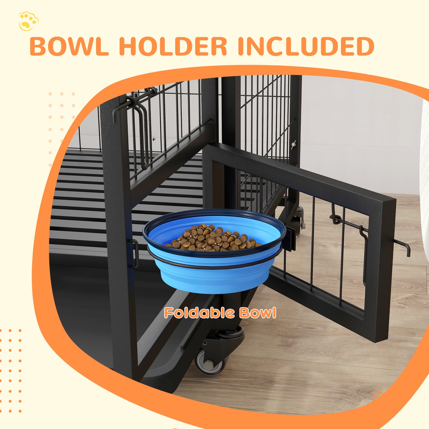 36" Heavy Duty Dog Crate on Wheels w/ Bowl Holder, Removable Tray