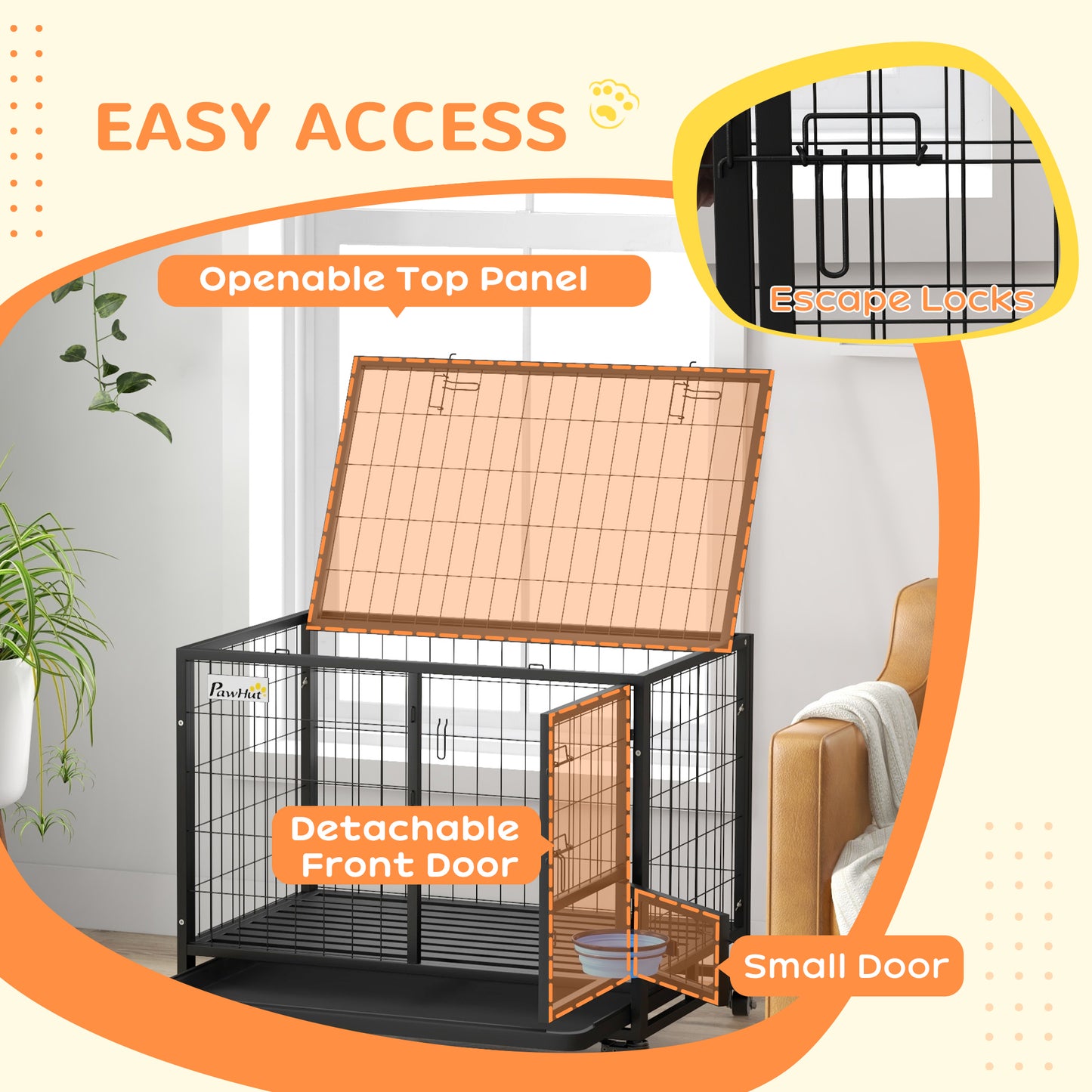 36" Heavy Duty Dog Crate on Wheels w/ Bowl Holder, Removable Tray