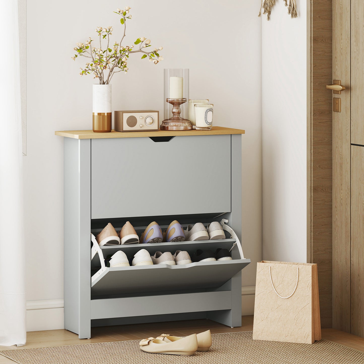 12-Shoe Storage Cabinet 4 Shelves 2 Drawers Tabletop Light Grey