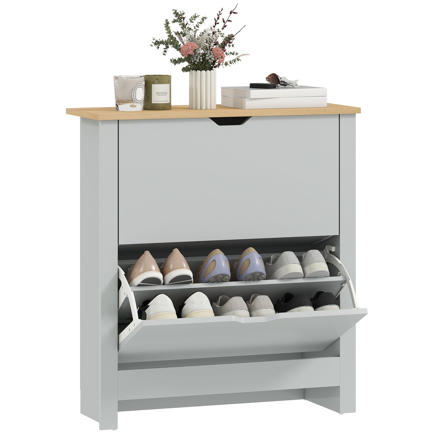 12-Shoe Storage Cabinet 4 Shelves 2 Drawers Tabletop Light Grey