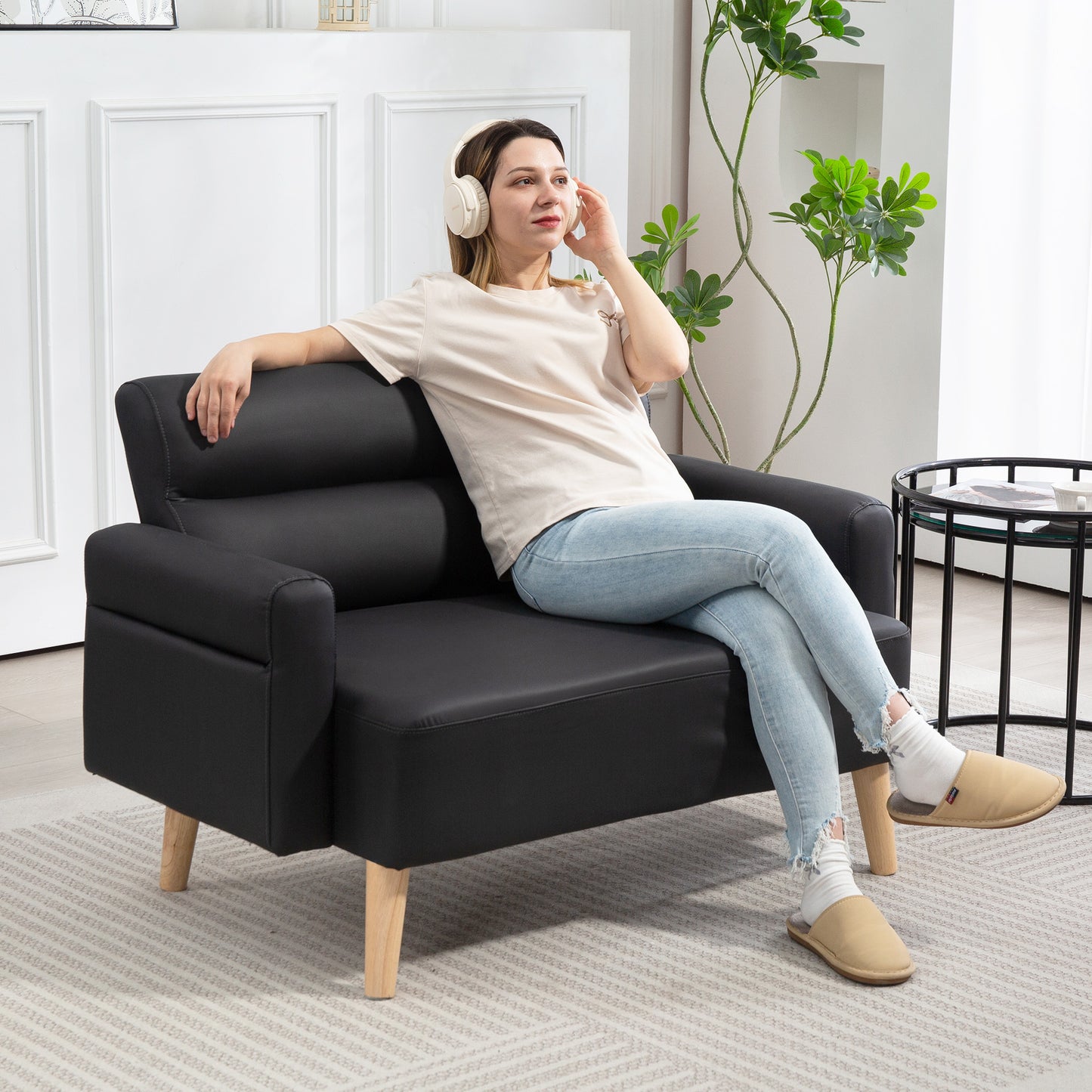 2 Seater Sofa Settee, Modern Faux Leather Couch with Wood Legs