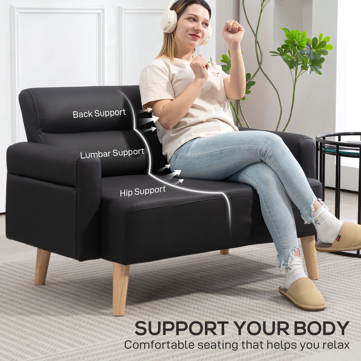 2 Seater Sofa Settee, Modern Faux Leather Couch with Wood Legs