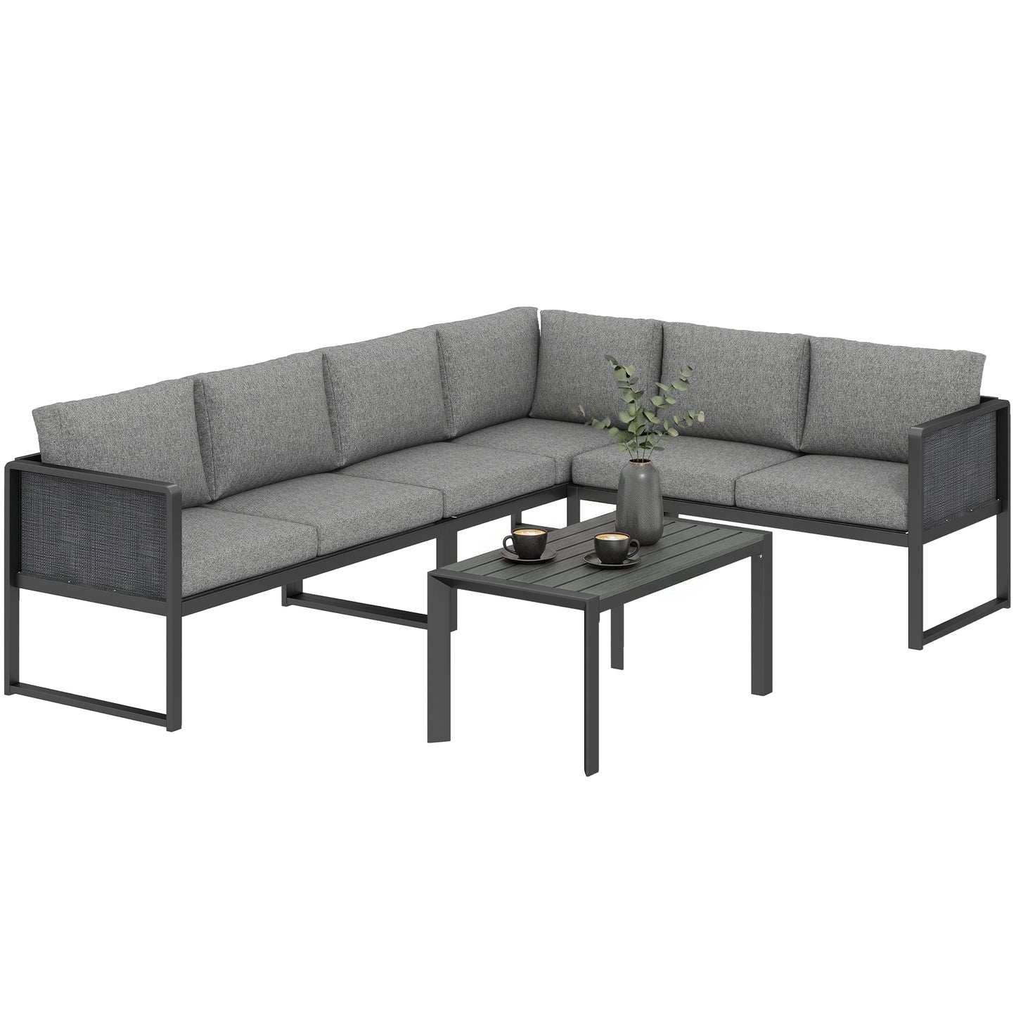 6 Seater Metal Garden Furniture Corner Sofa Set, Dark Grey
