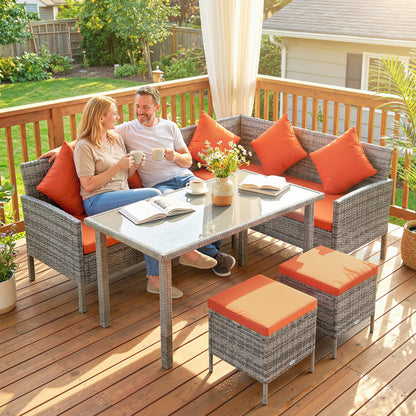 5Pcs Rattan Dining Corner Sofa Set, Garden Furniture Set, Orange