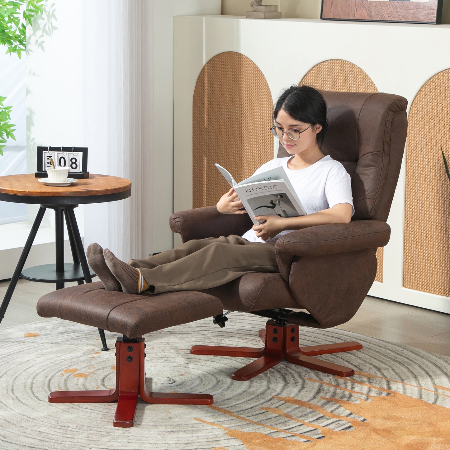 Recliner Chair with Footstool, Backrest Adjustable, Armchair, Brown