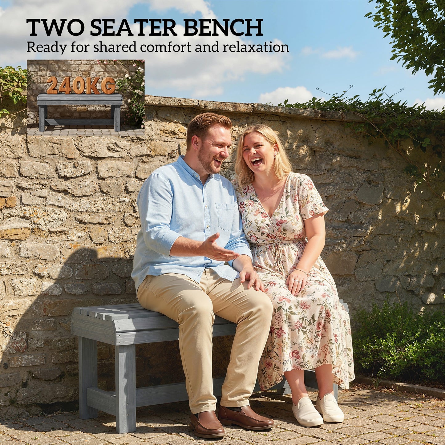 Wooden Garden Bench, 2 Seater Slatted Outdoor Bench, Grey