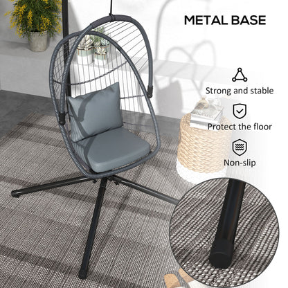 Outdoor PE Rattan Swing Chair with Cushion, Foldable Basket Patio Hanging Chair w/ Metal Stand, Rotation Spring Hook, Basket Height