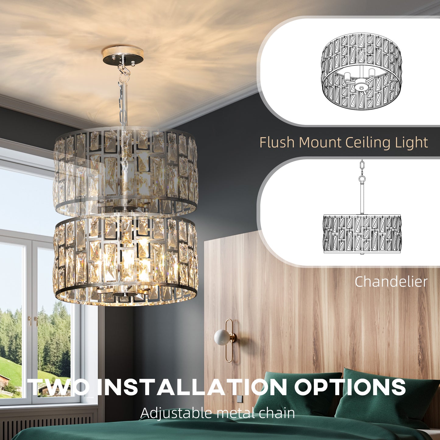 Flush Mount Ceiling Light, 3-Light Crystal Chandelier for Living Room